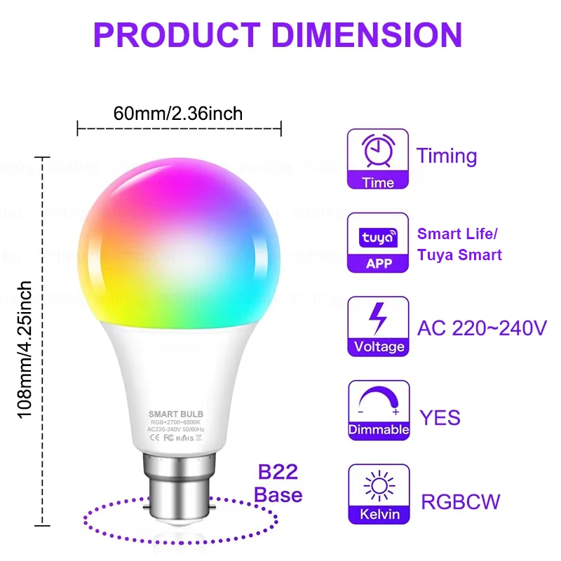 Colour Changing Light B22 Tuya Bluetooth APP Control 220V LED Bulbs Dimmable RGB White RGBCCT 16 Million Smart Life