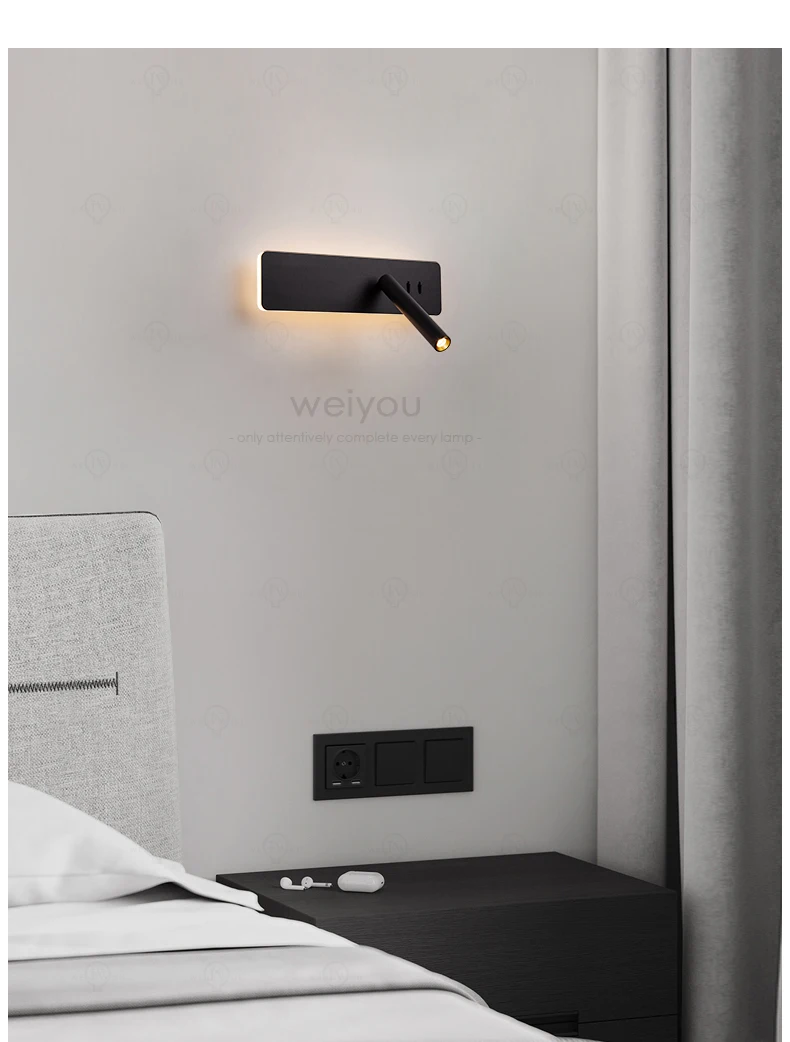 White Nordic LED Bedside Wall Lamp Adjustable Rotatable Angle With Switch Bedroom Reading Light Living Room Study Wall Sconce