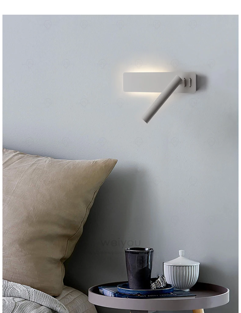 White Nordic LED Bedside Wall Lamp Adjustable Rotatable Angle With Switch Bedroom Reading Light Living Room Study Wall Sconce