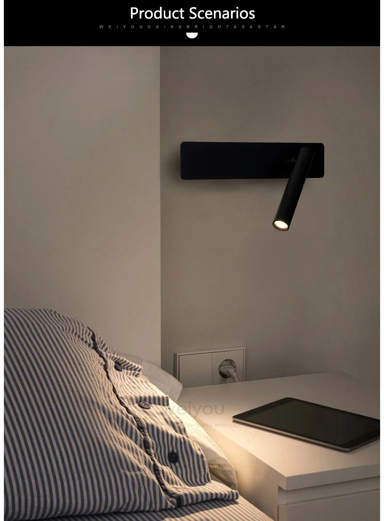 White Nordic LED Bedside Wall Lamp Adjustable Rotatable Angle With Switch Bedroom Reading Light Living Room Study Wall Sconce