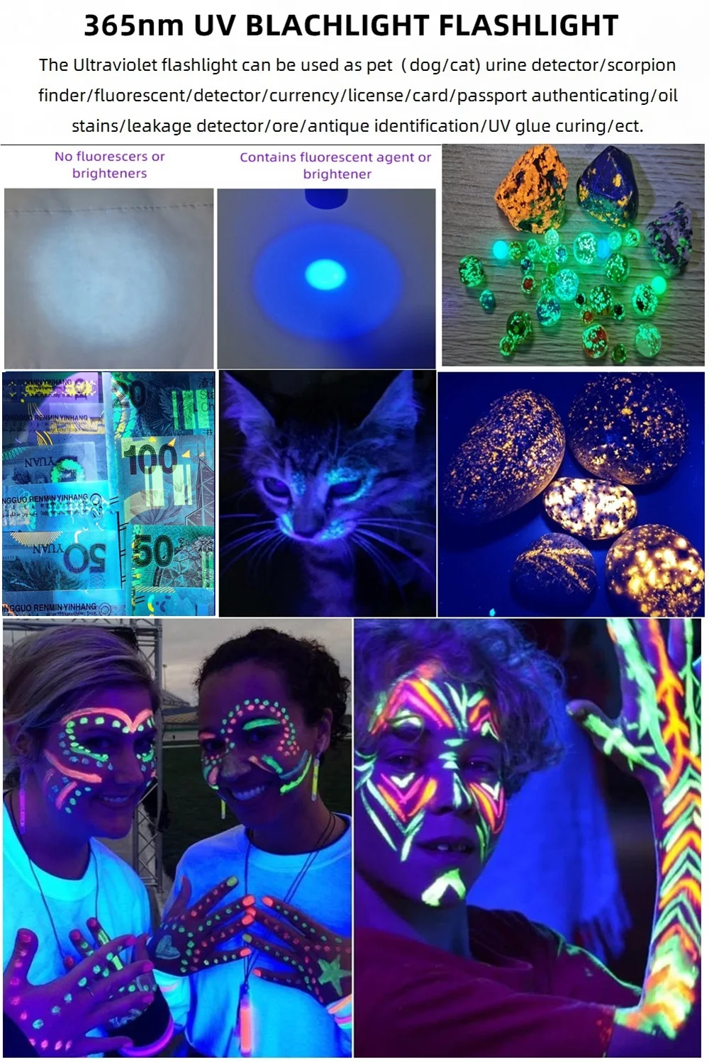 3W 365nm UV Flashlight USB Rechargeable Ultraviolet Torch Pets Urine Cat Tinea Money Ore Scorpion Detection Black Light SV57