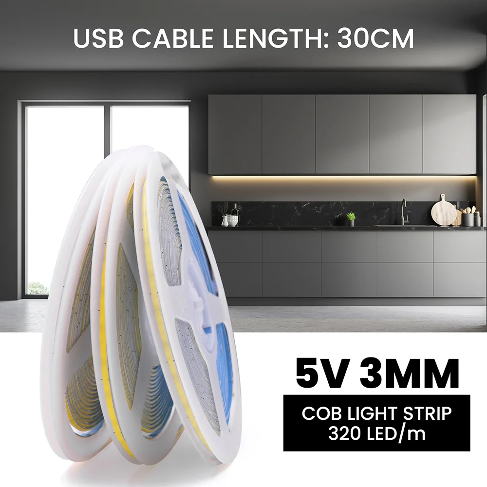 5V USB 3mm PCB COB LED Strip Light with Switch Dimmer Remote Control 320 LEDs High Density Linear Lighting Flexible Tape Lamp
