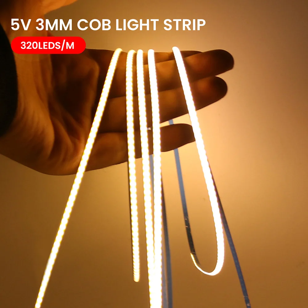 5V USB 3mm PCB COB LED Strip Light with Switch Dimmer Remote Control 320 LEDs High Density Linear Lighting Flexible Tape Lamp