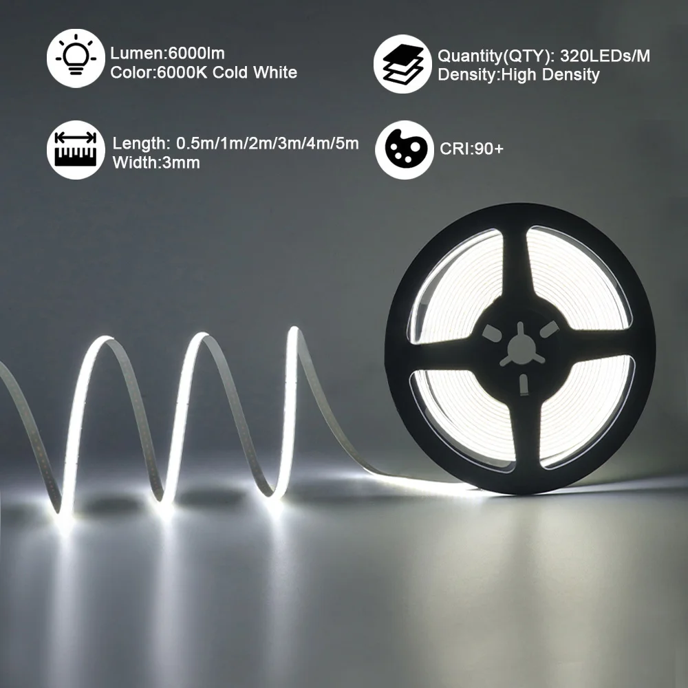 5V USB 3mm PCB COB LED Strip Light with Switch Dimmer Remote Control 320 LEDs High Density Linear Lighting Flexible Tape Lamp