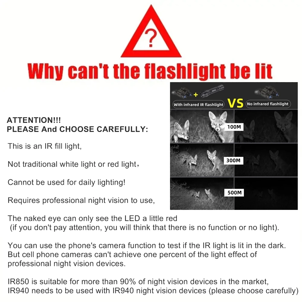 IR850 940nm Infrared LED Zoom High Bright Night Vision Infrared Fill Light Tactical Hunting Flashlight IR Fill Lighting Lamp