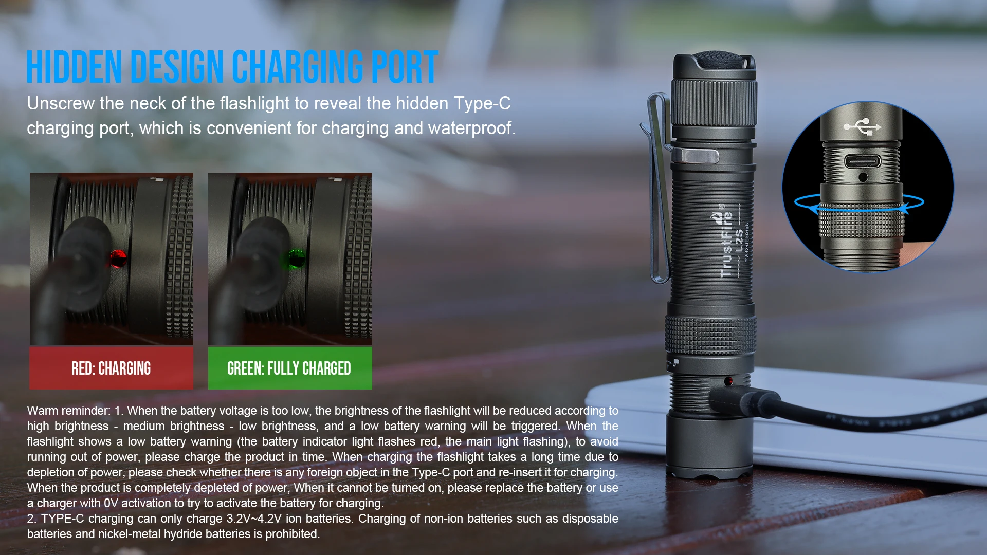 Trustfire L2S Tactical Flashlight 1050Lumens IPX6 14500 Potable Torch Lighting Tyce C USB Rechargeable Lamp with Memory Function