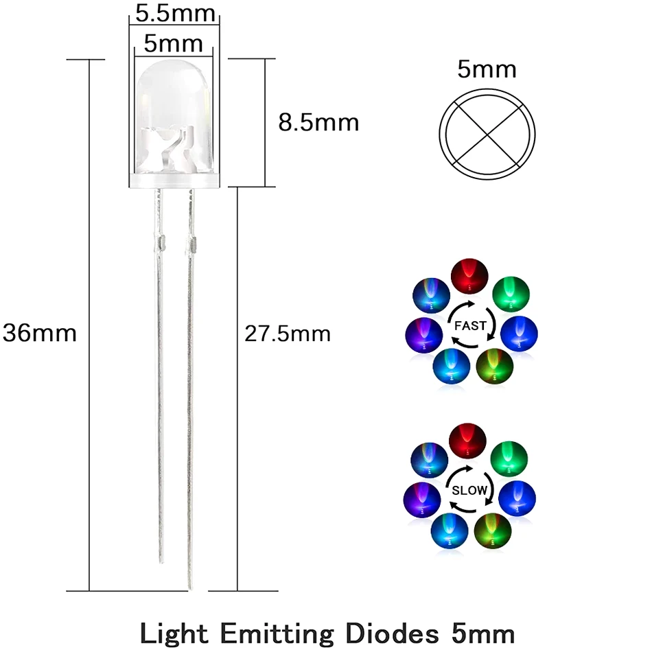 5mm Multicolor Slow/Fast Flashing RGB LED Diode Blinking Light Emitting Diodes 2 Pins Clear Round Lens