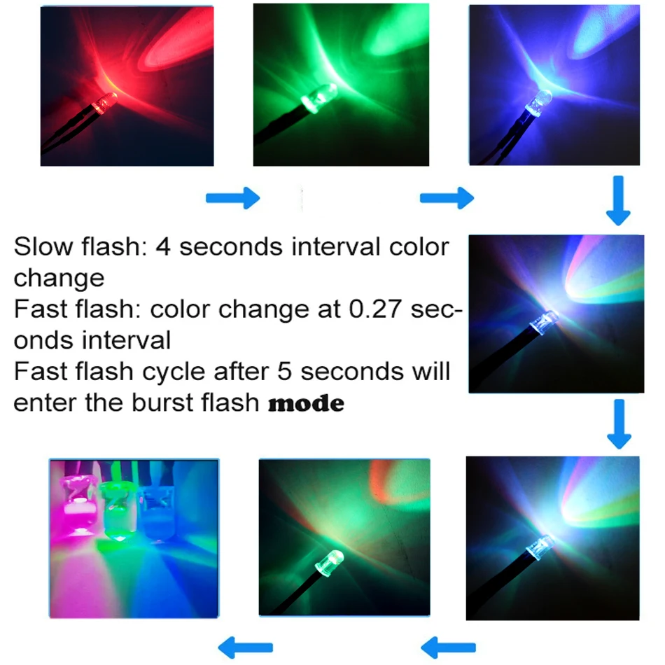 5mm Multicolor Slow/Fast Flashing RGB LED Diode Blinking Light Emitting Diodes 2 Pins Clear Round Lens