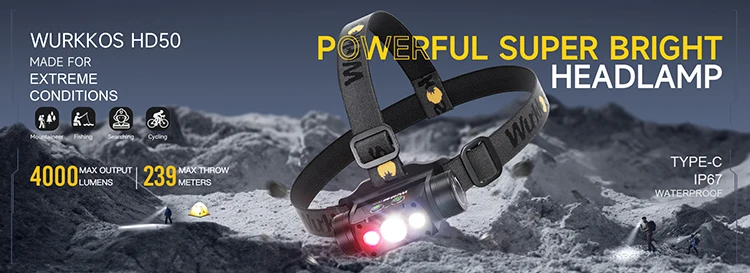 Wurkkos HD50 21700 Fishing Flashlight 4000LM IP67 Headlamp EDC Camping Hiking LED Lights XHP50.3 HI+TN-3535+660nm Magnetic Tail