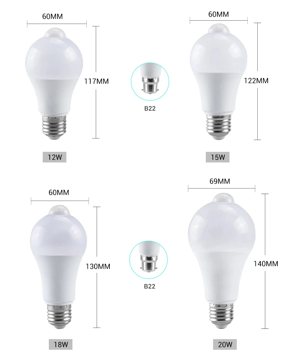 B22 LED Bulb Light 12W 15W 18W 20W PIR Sensor Motion Bulb Lamp Energy Saving For Living Room Bedroom Kitchen