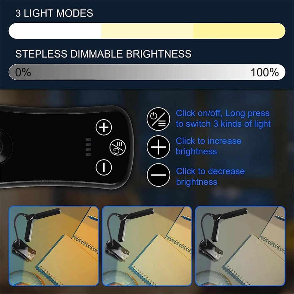 New 3 Colors 8 Brightness 14 LED Clip On Book Light Usb Rechargeable Night Light Portable Reading Light Book Lamp Mini Desk Lamp