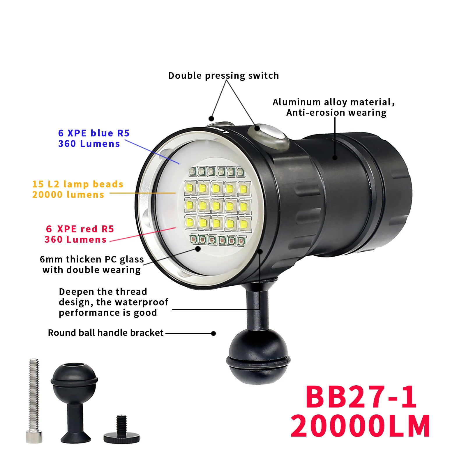 Professional Underwater 27 LED Photography Light Highlight Lamp 20000Lumens Diving Flashlight 100M Waterproof Video Camera Torch
