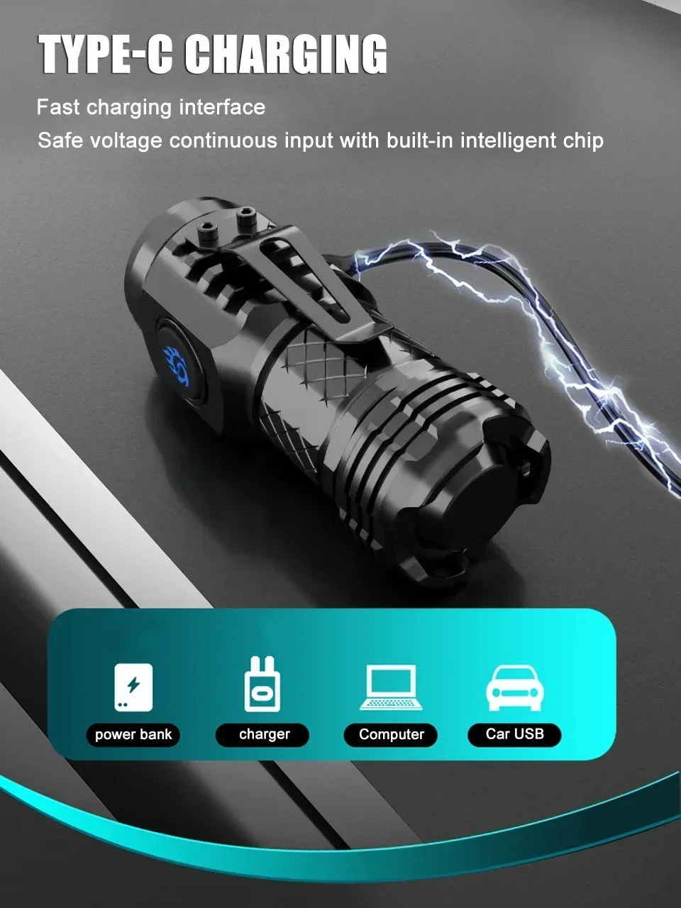 Super Bright Mini 3LED Flashlight With Pen Clip And Tail Magnet,Builtin Battery USB Charge Outdoor Portable Torch Emergency Lamp
