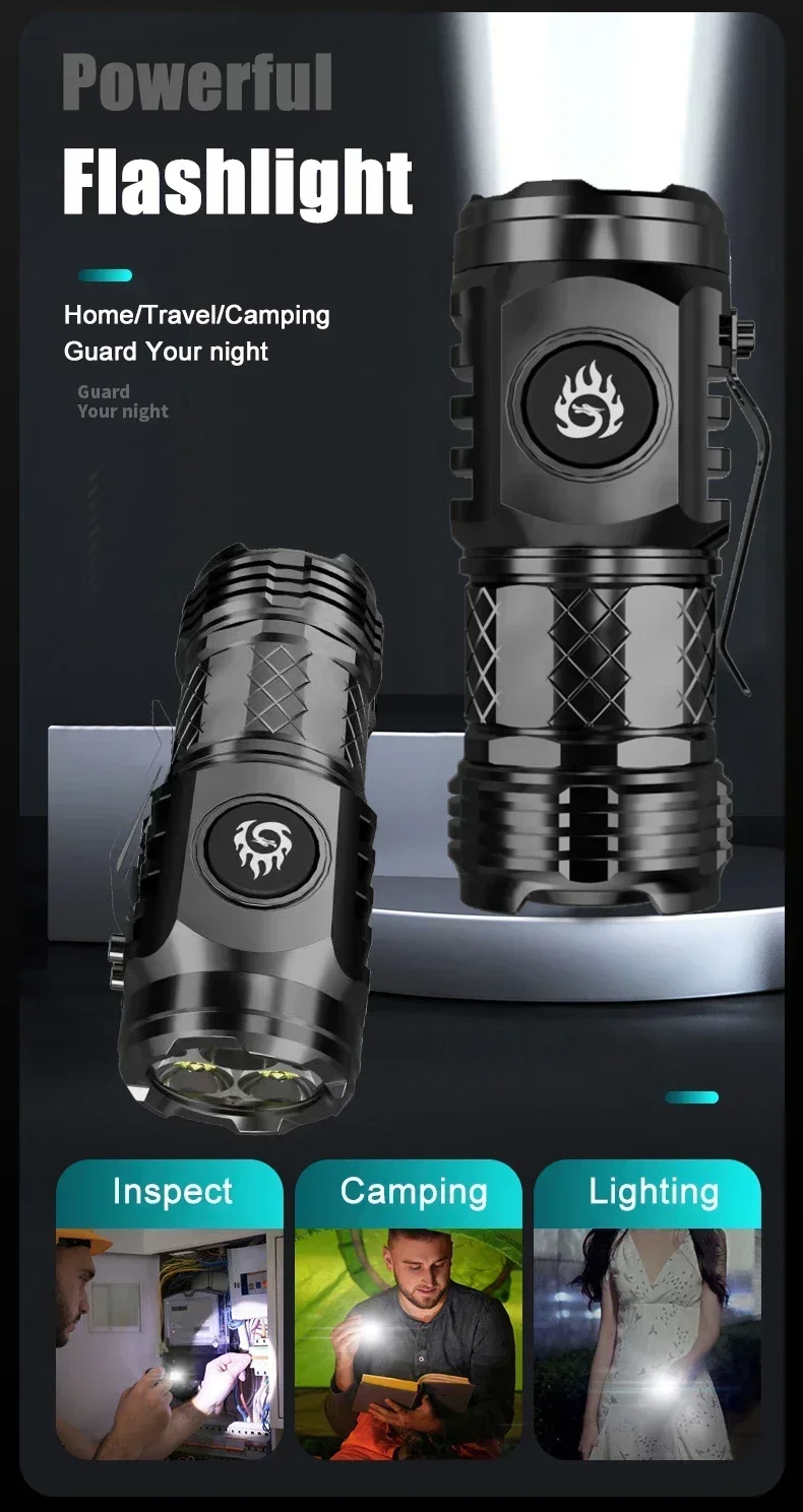 Super Bright Mini 3LED Flashlight With Pen Clip And Tail Magnet,Builtin Battery USB Charge Outdoor Portable Torch Emergency Lamp