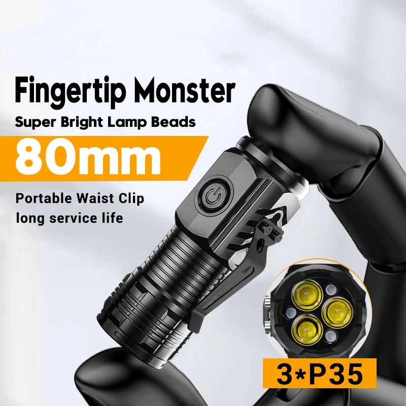Super Bright Mini 3LED Flashlight With Pen Clip And Tail Magnet,Builtin Battery USB Charge Outdoor Portable Torch Emergency Lamp