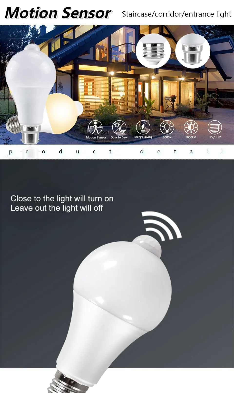 Motion Sensor LED Light 220V 110V E27 B22 12W 15W 18W LED Lamp Auto Smart Infrared LED Bulb Energy Saving Bombillas Home Porch