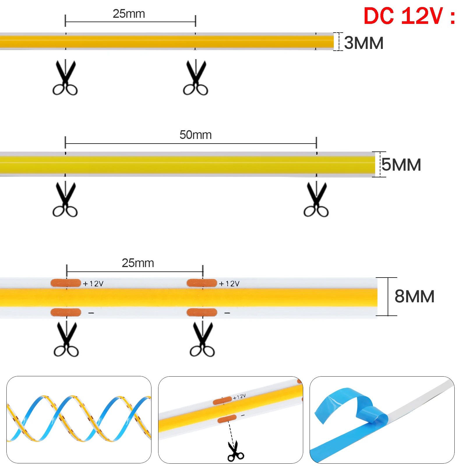 DC5V USB COB LED Strip 3mm 5mm 8mm Width 12V 320LEDs Flexible LED Strip Light with Adhesive High Density Linear Lighting