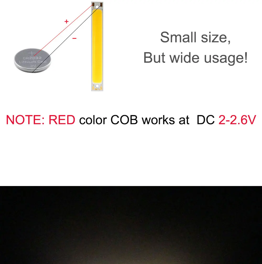 10pcs 60x8mm 2V 3V LED COB Light 3.7V Chip On Board Light Bar Warm Cold White Blue Red Color 1W 3W LED Lighting Work Lamp DIY
