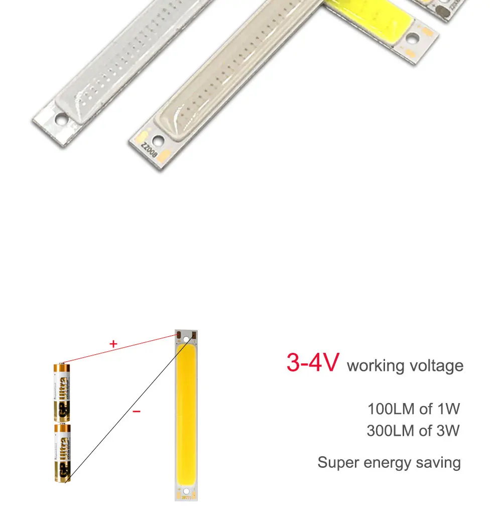 10pcs 60x8mm 2V 3V LED COB Light 3.7V Chip On Board Light Bar Warm Cold White Blue Red Color 1W 3W LED Lighting Work Lamp DIY