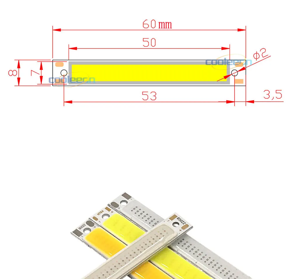 10pcs 60x8mm 2V 3V LED COB Light 3.7V Chip On Board Light Bar Warm Cold White Blue Red Color 1W 3W LED Lighting Work Lamp DIY