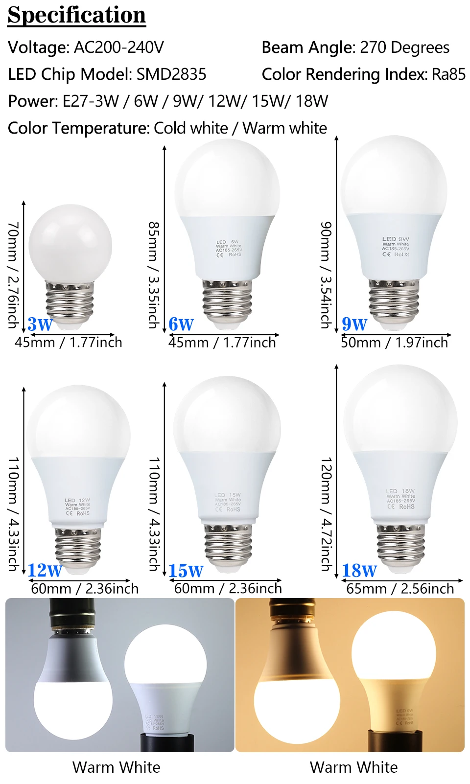 10pcs E27 LED Light Bulbs 220V 240V 18W 15W 12W 9W 6W 3W Spotlight Bulb LED Lamp Lampada Bombillas Lamparas For Home Table Lamp