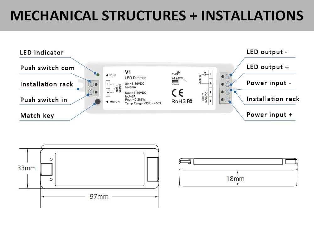 V1 LED Dimmer 12V 24V 36V RT6 4 Zone Single Color LED Strip Dimming Kit Wireless 2.4G RF Remote Control Push Switch Dimer
