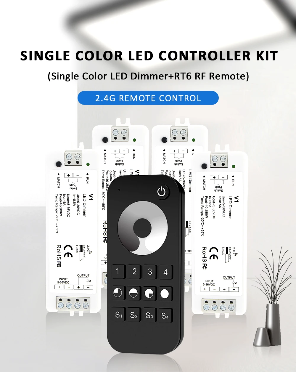 V1 LED Dimmer 12V 24V 36V RT6 4 Zone Single Color LED Strip Dimming Kit Wireless 2.4G RF Remote Control Push Switch Dimer