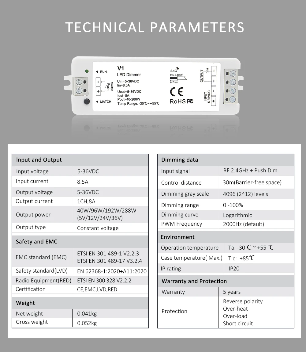 V1 LED Dimmer 12V 24V 36V RT6 4 Zone Single Color LED Strip Dimming Kit Wireless 2.4G RF Remote Control Push Switch Dimer