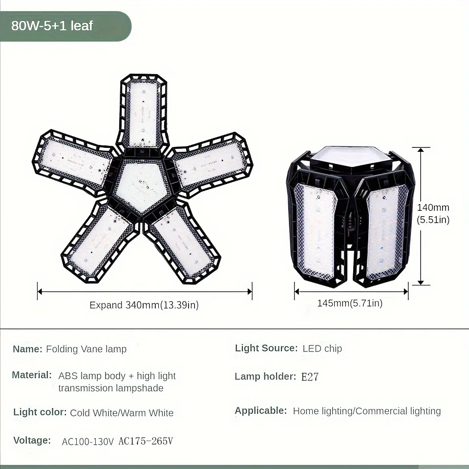 LED Garage Light Bulbs, 40W 60W 80W10000LM Super Bright Garage Lighting LED Shop Light With Adjustable Panels, E27 Screw Socket