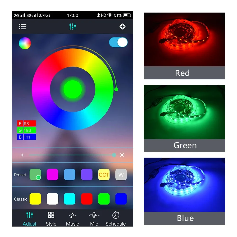 Smart 5V USB Bluetooth Controller 4pin 5050 2835 RGB LED Strip Light 4 Pin Connector Phone APP Contrl Tape TV Backlight Decor