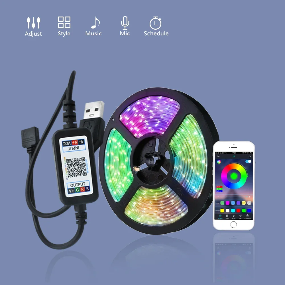 Smart 5V USB Bluetooth Controller 4pin 5050 2835 RGB LED Strip Light 4 Pin Connector Phone APP Contrl Tape TV Backlight Decor