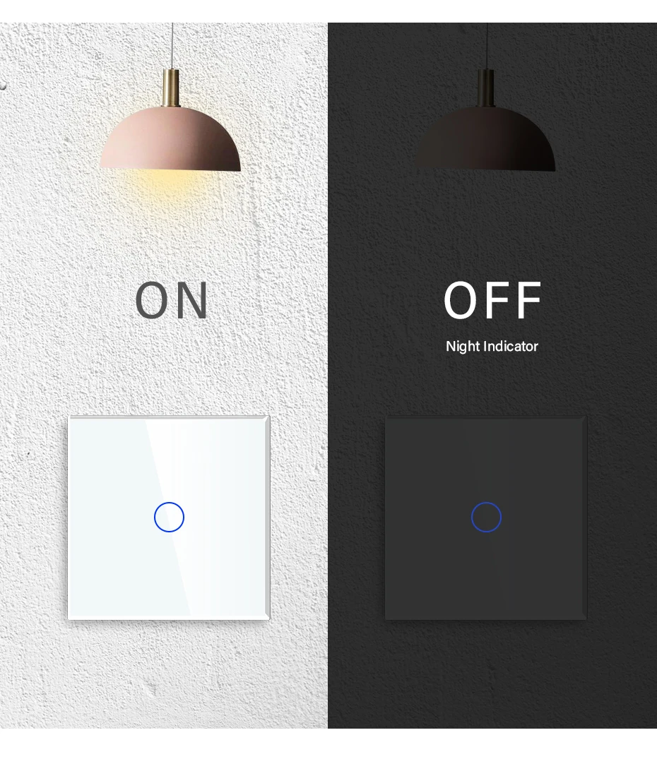 BSEED EU Touch Dimmer Switches 1Gang 1Way LED Dimmable Wall Light Switch Blue Backlight White Black Glass Panel 10A