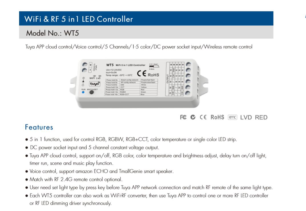 WT5 WiFi / WB5 Bluetooth 5 in1 Smart RF Controller Compatible Tuya Voice control for Single Color RGB,RGBW,RGB+CCT,CCT LED Strip