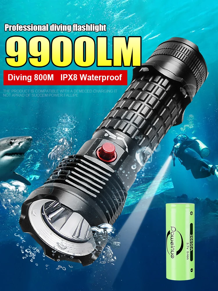 Professional Spearfishing Hunting Scuba XHP199 LED Dive Light 9900 Lumens Diving Flashlight 26650 Torch Underwater Flashlight
