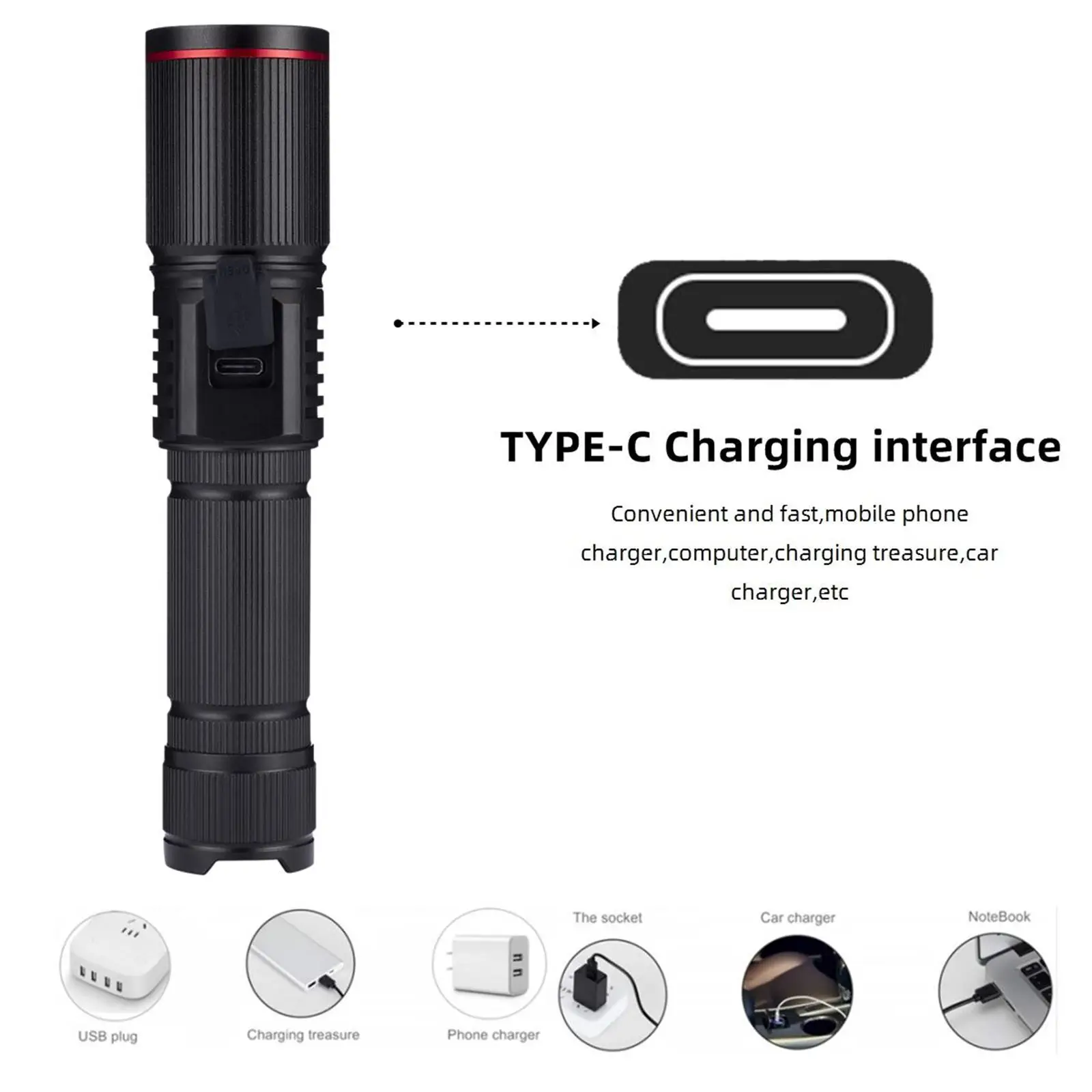 20W Zoom Round Beam Light LED High Power Flashlight USB Rechargeable Torch Camping Outdoor Hunting Fishing Walking Lighting Lamp