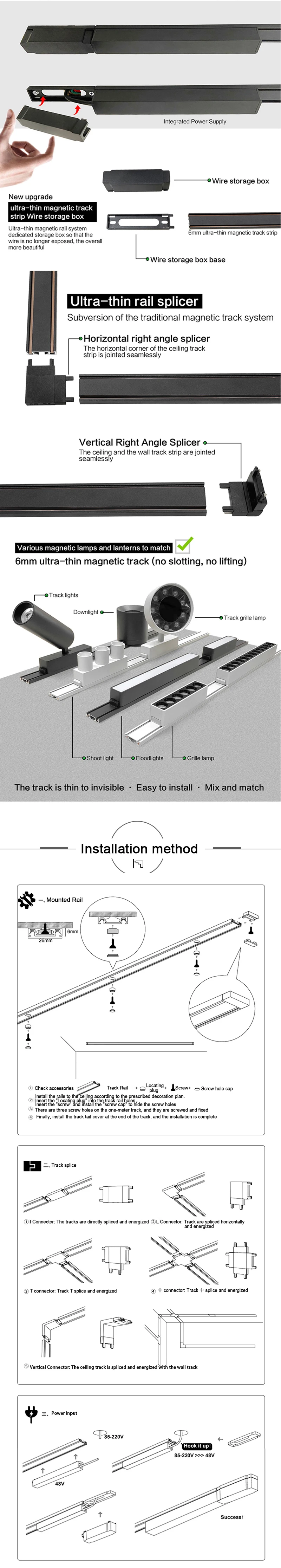 6MM Smart Tuya Zigbee Magnetic Track Light Dimmable 48V Ultra Thin Rail Surface Mount System Black White Slim Magnet Track Lamp