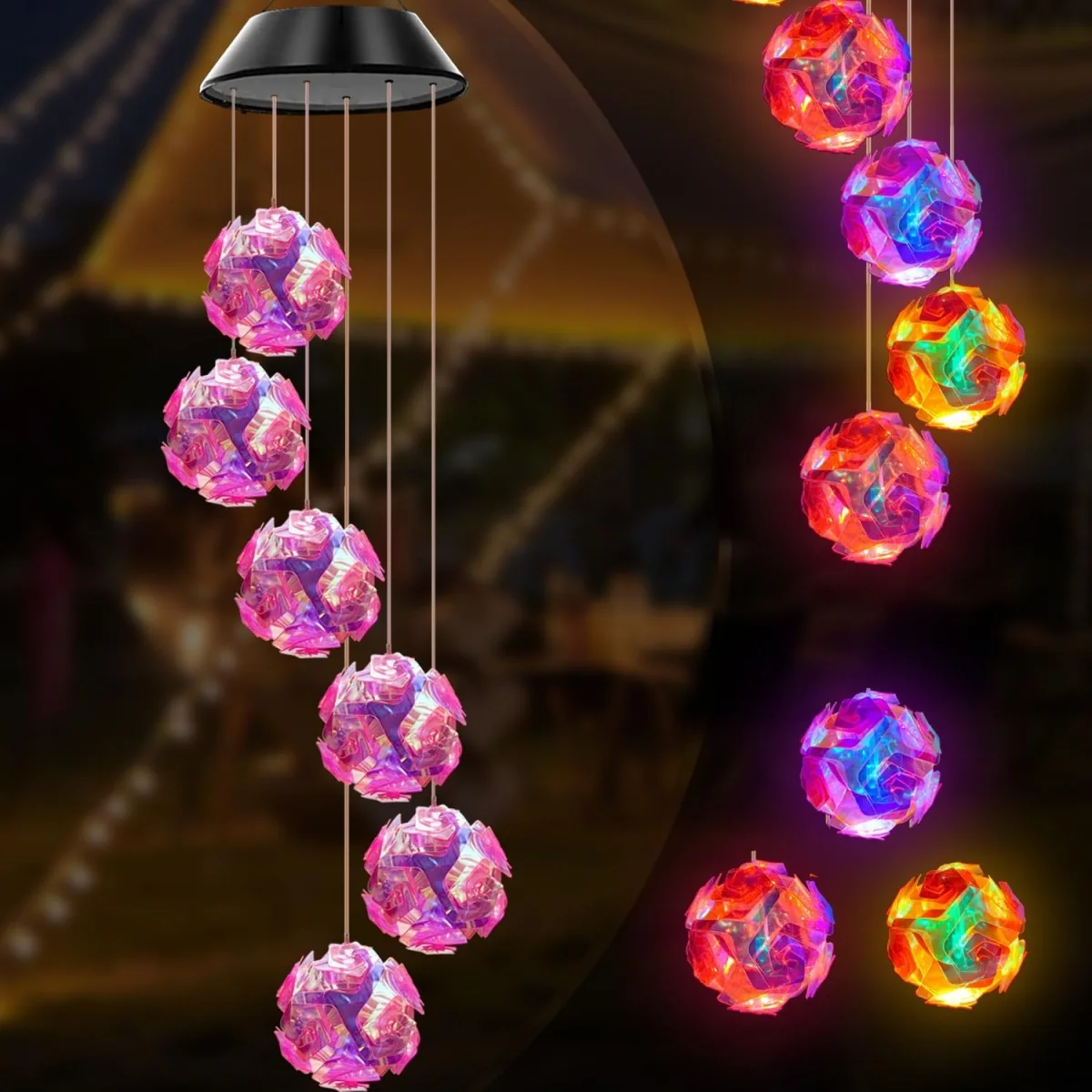 1pc Solar Powered Color Changing Pink Embroidered Ball Flower Wind Chime Light Outdoor Night Light Hanging Solar Lamp