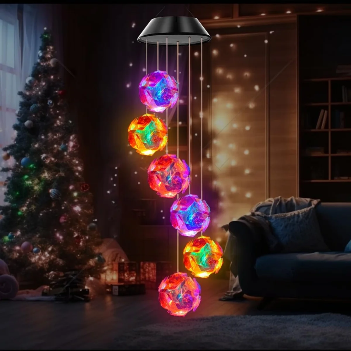 1pc Solar Powered Color Changing Pink Embroidered Ball Flower Wind Chime Light Outdoor Night Light Hanging Solar Lamp