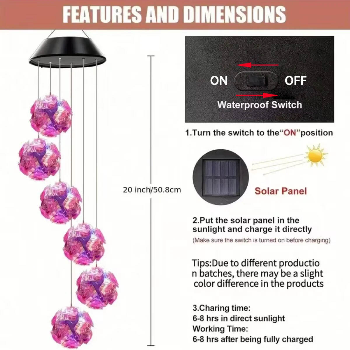 1pc Solar Powered Color Changing Pink Embroidered Ball Flower Wind Chime Light Outdoor Night Light Hanging Solar Lamp