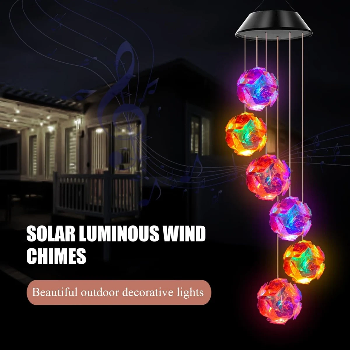 1pc Solar Powered Color Changing Pink Embroidered Ball Flower Wind Chime Light Outdoor Night Light Hanging Solar Lamp