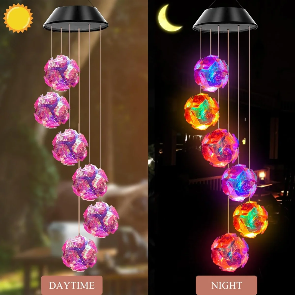 1pc Solar Powered Color Changing Pink Embroidered Ball Flower Wind Chime Light Outdoor Night Light Hanging Solar Lamp