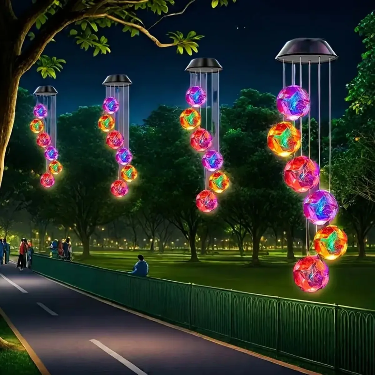 1pc Solar Powered Color Changing Pink Embroidered Ball Flower Wind Chime Light Outdoor Night Light Hanging Solar Lamp