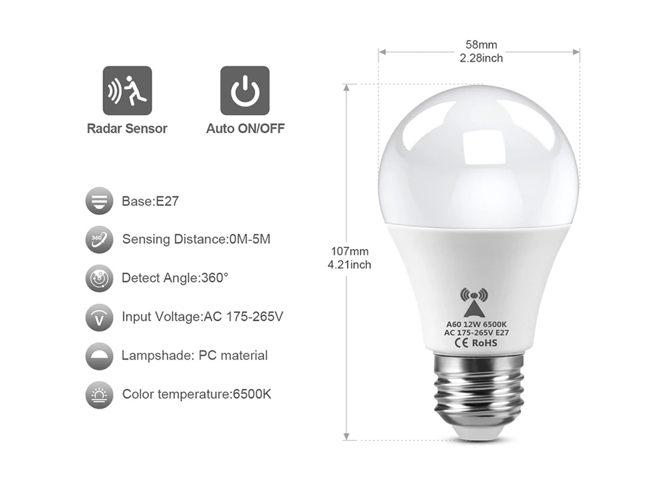 Microwave Radar Detection LED Night Light Bulb 220V E27 12W Radar Motion Induction Lamp Built-in Radar/Light Sensors For Stairs