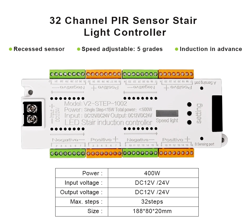 V2 PIR Motion Sensor Stair Light Controller 32 Channels LED Stair Controller For Stairway Dim LED Strip Lighting DC12V 24V