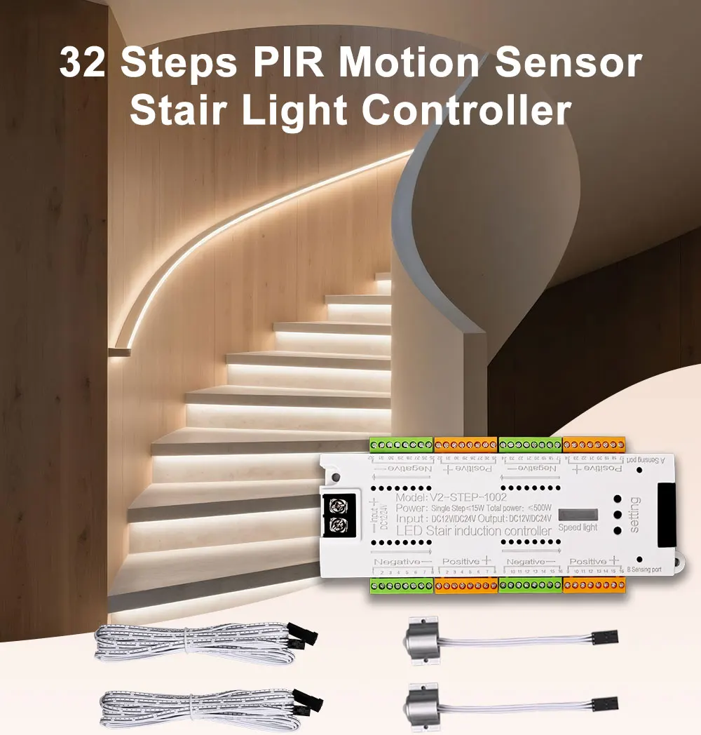 V2 PIR Motion Sensor Stair Light Controller 32 Channels LED Stair Controller For Stairway Dim LED Strip Lighting DC12V 24V