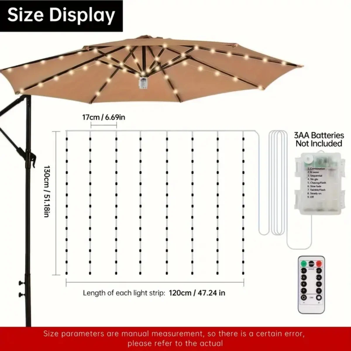 1PC Patio Umbrella Light with Remote 8 Adjustable Brightness Modes Outdoor Waterproof 104 LED Light Battery Operated For Beach