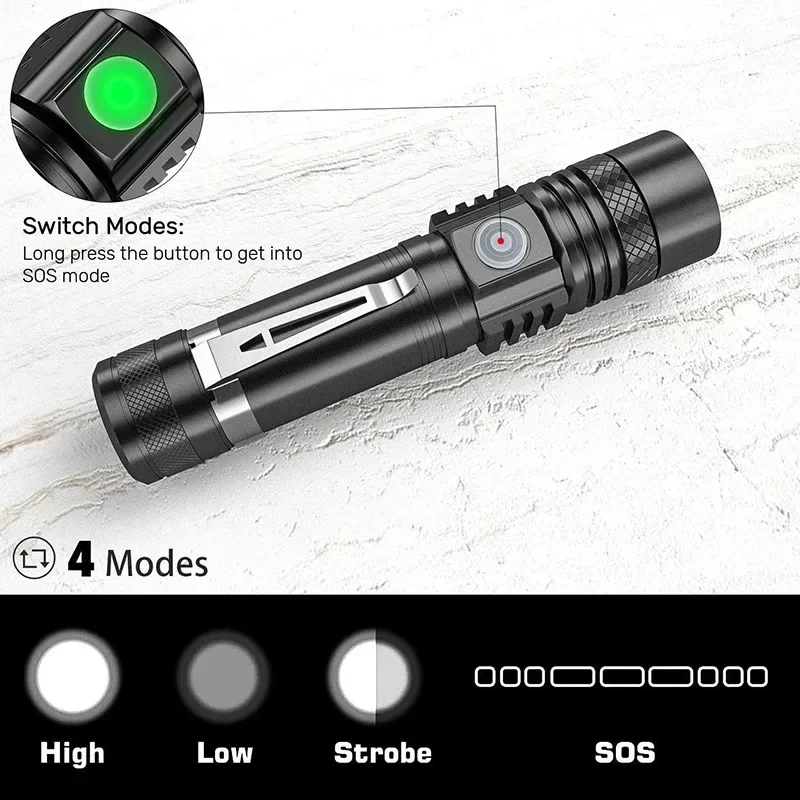 High Power T6 Led Flashlights Zoomable Camping Torch With Pen Clip Waterproof 4 Lighting Modes Multi Function USB Charger