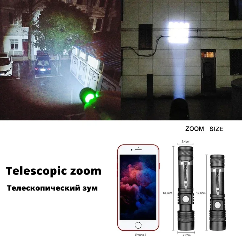 High Power T6 Led Flashlights Zoomable Camping Torch With Pen Clip Waterproof 4 Lighting Modes Multi Function USB Charger