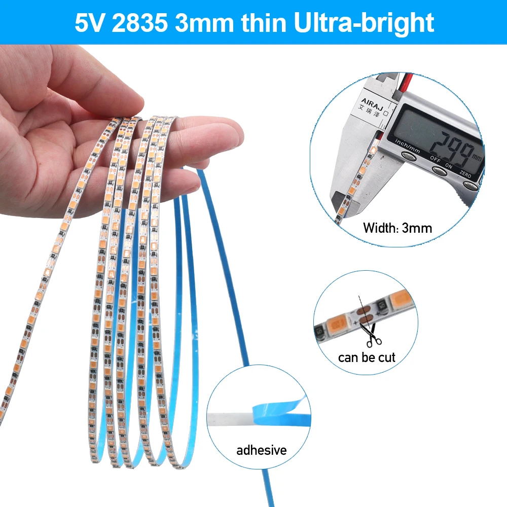 5V 2835 LED Strip Light 3mm 5mm 8mm PCB Width 120Leds/m Flexible LED Tape Ribbon Diode USB/2PIN Wire Led Lights for Room Decor