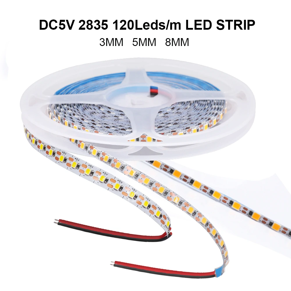 5V 2835 LED Strip Light 3mm 5mm 8mm PCB Width 120Leds/m Flexible LED Tape Ribbon Diode USB/2PIN Wire Led Lights for Room Decor